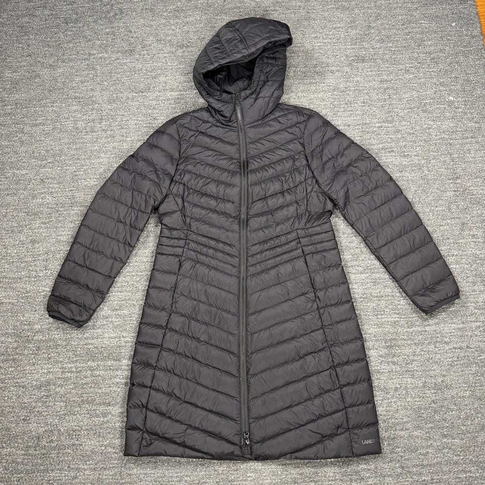Lands End Ultralight Packable Long Down Coat Women XS Black Hood Jacket Outdoor